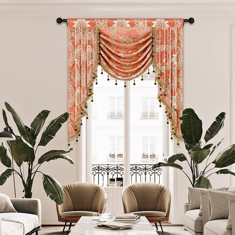 ELKCA Golden Jacquard Single Swag Waterfall Valance for Living Room Damask Coffee Curtain Valance for Kitchen, W39 Inch, 1 Panel - Image 1
